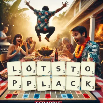 Kreative Illustration für ein Scrabble-Spiel, bei dem das Wort LÖTSTOPPLACK mit Steinen auf dem Brett gelegt wurde.