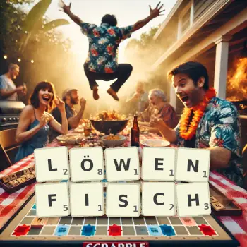 Kreative Illustration für ein Scrabble-Spiel, bei dem das Wort LÖWENFISCH mit Steinen auf dem Brett gelegt wurde.
