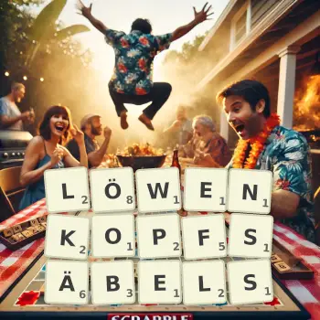 Kreative Illustration für ein Scrabble-Spiel, bei dem das Wort LÖWENKOPFSÄBELS mit Steinen auf dem Brett gelegt wurde.