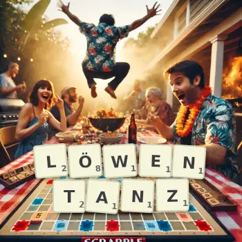 Kreative Illustration für ein Scrabble-Spiel, bei dem das Wort LÖWENTANZ mit Steinen auf dem Brett gelegt wurde.