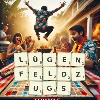 Kreative Illustration für ein Scrabble-Spiel, bei dem das Wort LÜGENFELDZUGS mit Steinen auf dem Brett gelegt wurde.