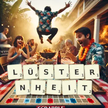 Kreative Illustration für ein Scrabble-Spiel, bei dem das Wort LÜSTERNHEIT mit Steinen auf dem Brett gelegt wurde.