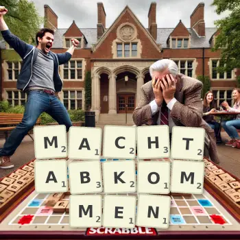 Kreative Illustration für ein Scrabble-Spiel, bei dem das Wort MACHTABKOMMEN mit Steinen auf dem Brett gelegt wurde.