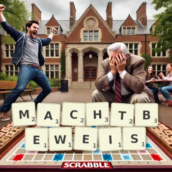 Kreative Illustration für ein Scrabble-Spiel, bei dem das Wort MACHTBEWEIS mit Steinen auf dem Brett gelegt wurde.