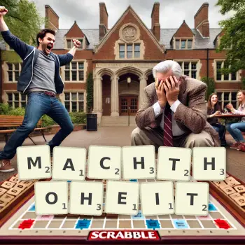Kreative Illustration für ein Scrabble-Spiel, bei dem das Wort MACHTHOHEIT mit Steinen auf dem Brett gelegt wurde.