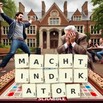 Kreative Illustration für ein Scrabble-Spiel, bei dem das Wort MACHTINDIKATOR mit Steinen auf dem Brett gelegt wurde.