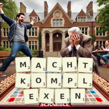 Kreative Illustration für ein Scrabble-Spiel, bei dem das Wort MACHTKOMPLEXEN mit Steinen auf dem Brett gelegt wurde.