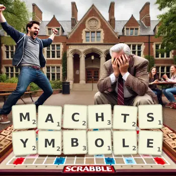 Kreative Illustration für ein Scrabble-Spiel, bei dem das Wort MACHTSYMBOLE mit Steinen auf dem Brett gelegt wurde.