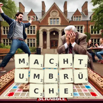 Kreative Illustration für ein Scrabble-Spiel, bei dem das Wort MACHTUMBRÜCHE mit Steinen auf dem Brett gelegt wurde.