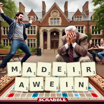 Kreative Illustration für ein Scrabble-Spiel, bei dem das Wort MADEIRAWEIN mit Steinen auf dem Brett gelegt wurde.
