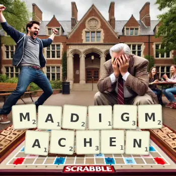 Kreative Illustration für ein Scrabble-Spiel, bei dem das Wort MADIGMACHEN mit Steinen auf dem Brett gelegt wurde.