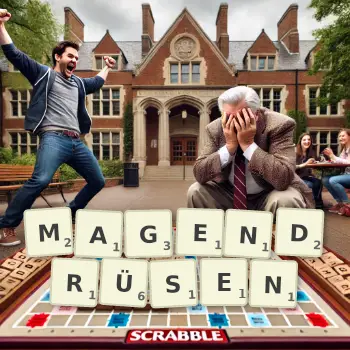 Kreative Illustration für ein Scrabble-Spiel, bei dem das Wort MAGENDRÜSEN mit Steinen auf dem Brett gelegt wurde.
