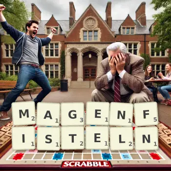 Kreative Illustration für ein Scrabble-Spiel, bei dem das Wort MAGENFISTELN mit Steinen auf dem Brett gelegt wurde.