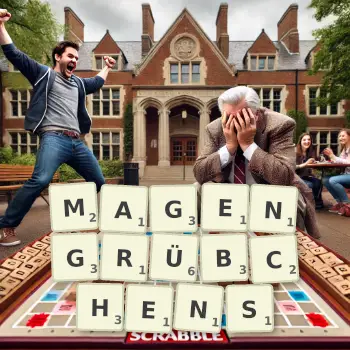 Kreative Illustration für ein Scrabble-Spiel, bei dem das Wort MAGENGRÜBCHENS mit Steinen auf dem Brett gelegt wurde.