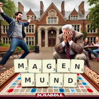 Kreative Illustration für ein Scrabble-Spiel, bei dem das Wort MAGENMUND mit Steinen auf dem Brett gelegt wurde.