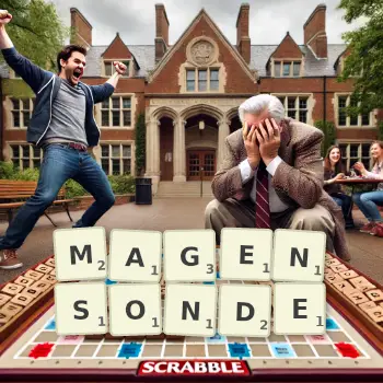 Kreative Illustration für ein Scrabble-Spiel, bei dem das Wort MAGENSONDE mit Steinen auf dem Brett gelegt wurde.