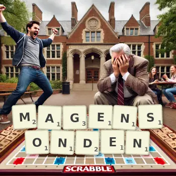 Kreative Illustration für ein Scrabble-Spiel, bei dem das Wort MAGENSONDEN mit Steinen auf dem Brett gelegt wurde.