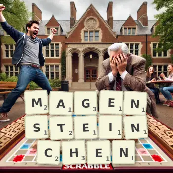 Kreative Illustration für ein Scrabble-Spiel, bei dem das Wort MAGENSTEINCHEN mit Steinen auf dem Brett gelegt wurde.