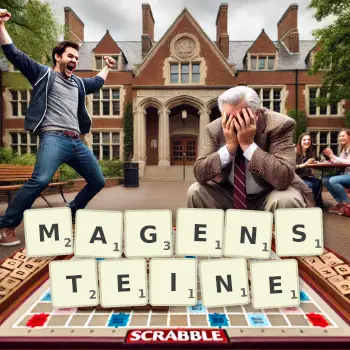 Kreative Illustration für ein Scrabble-Spiel, bei dem das Wort MAGENSTEINE mit Steinen auf dem Brett gelegt wurde.