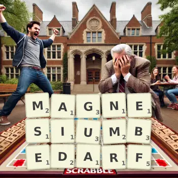 Kreative Illustration für ein Scrabble-Spiel, bei dem das Wort MAGNESIUMBEDARF mit Steinen auf dem Brett gelegt wurde.