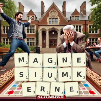 Kreative Illustration für ein Scrabble-Spiel, bei dem das Wort MAGNESIUMKERNE mit Steinen auf dem Brett gelegt wurde.