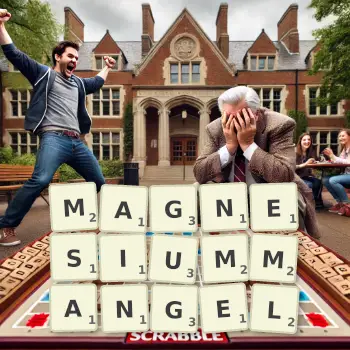 Kreative Illustration für ein Scrabble-Spiel, bei dem das Wort MAGNESIUMMANGEL mit Steinen auf dem Brett gelegt wurde.