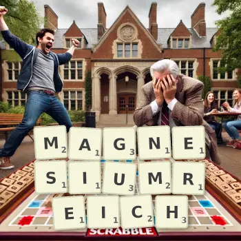 Kreative Illustration für ein Scrabble-Spiel, bei dem das Wort MAGNESIUMREICH mit Steinen auf dem Brett gelegt wurde.