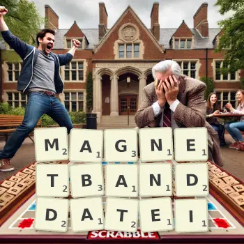 Kreative Illustration für ein Scrabble-Spiel, bei dem das Wort MAGNETBANDDATEI mit Steinen auf dem Brett gelegt wurde.