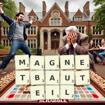 Kreative Illustration für ein Scrabble-Spiel, bei dem das Wort MAGNETBAUTEIL mit Steinen auf dem Brett gelegt wurde.