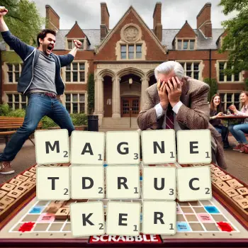 Kreative Illustration für ein Scrabble-Spiel, bei dem das Wort MAGNETDRUCKER mit Steinen auf dem Brett gelegt wurde.