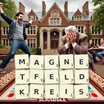 Kreative Illustration für ein Scrabble-Spiel, bei dem das Wort MAGNETFELDKREIS mit Steinen auf dem Brett gelegt wurde.