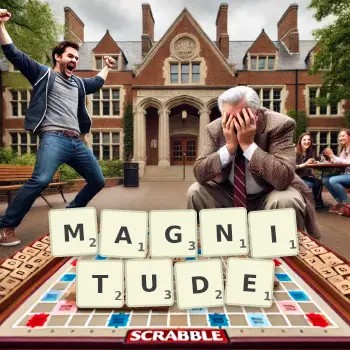 Kreative Illustration für ein Scrabble-Spiel, bei dem das Wort MAGNITUDE mit Steinen auf dem Brett gelegt wurde.