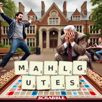 Kreative Illustration für ein Scrabble-Spiel, bei dem das Wort MAHLGUTES mit Steinen auf dem Brett gelegt wurde.