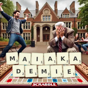 Kreative Illustration für ein Scrabble-Spiel, bei dem das Wort MAIAKADEMIE mit Steinen auf dem Brett gelegt wurde.