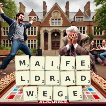 Kreative Illustration für ein Scrabble-Spiel, bei dem das Wort MAIFELDRADWEGE mit Steinen auf dem Brett gelegt wurde.