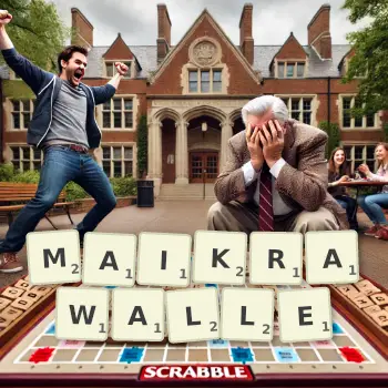 Kreative Illustration für ein Scrabble-Spiel, bei dem das Wort MAIKRAWALLE mit Steinen auf dem Brett gelegt wurde.