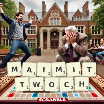 Kreative Illustration für ein Scrabble-Spiel, bei dem das Wort MAIMITTWOCH mit Steinen auf dem Brett gelegt wurde.