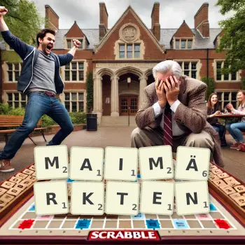 Kreative Illustration für ein Scrabble-Spiel, bei dem das Wort MAIMÄRKTEN mit Steinen auf dem Brett gelegt wurde.