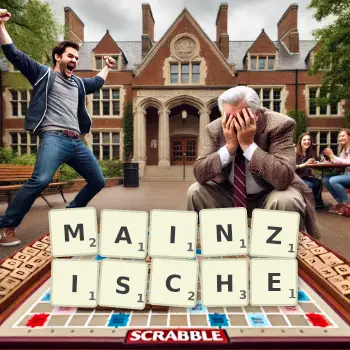 Kreative Illustration für ein Scrabble-Spiel, bei dem das Wort MAINZISCHE mit Steinen auf dem Brett gelegt wurde.