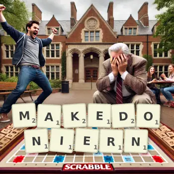 Kreative Illustration für ein Scrabble-Spiel, bei dem das Wort MAKEDONIERN mit Steinen auf dem Brett gelegt wurde.