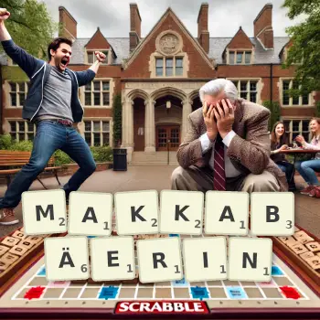 Kreative Illustration für ein Scrabble-Spiel, bei dem das Wort MAKKABÄERIN mit Steinen auf dem Brett gelegt wurde.