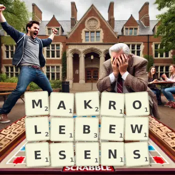 Kreative Illustration für ein Scrabble-Spiel, bei dem das Wort MAKROLEBEWESENS mit Steinen auf dem Brett gelegt wurde.