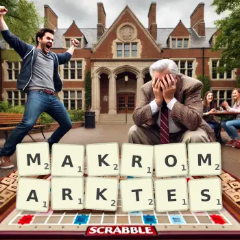 Kreative Illustration für ein Scrabble-Spiel, bei dem das Wort MAKROMARKTES mit Steinen auf dem Brett gelegt wurde.