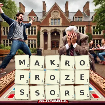 Kreative Illustration für ein Scrabble-Spiel, bei dem das Wort MAKROPROZESSORS mit Steinen auf dem Brett gelegt wurde.