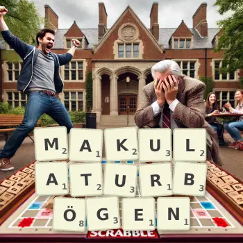 Kreative Illustration für ein Scrabble-Spiel, bei dem das Wort MAKULATURBÖGEN mit Steinen auf dem Brett gelegt wurde.
