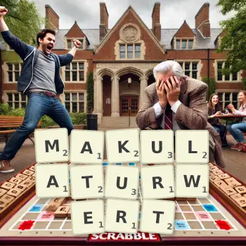 Kreative Illustration für ein Scrabble-Spiel, bei dem das Wort MAKULATURWERT mit Steinen auf dem Brett gelegt wurde.