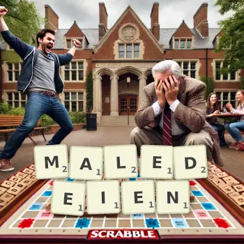 Kreative Illustration für ein Scrabble-Spiel, bei dem das Wort MALEDEIEN mit Steinen auf dem Brett gelegt wurde.