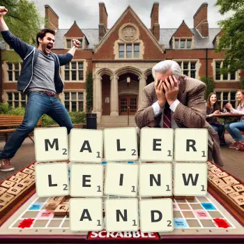 Kreative Illustration für ein Scrabble-Spiel, bei dem das Wort MALERLEINWAND mit Steinen auf dem Brett gelegt wurde.