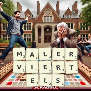 Kreative Illustration für ein Scrabble-Spiel, bei dem das Wort MALERVIERTELS mit Steinen auf dem Brett gelegt wurde.
