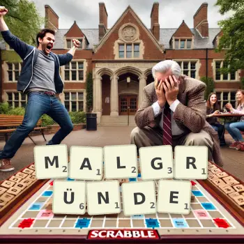 Kreative Illustration für ein Scrabble-Spiel, bei dem das Wort MALGRÜNDE mit Steinen auf dem Brett gelegt wurde.